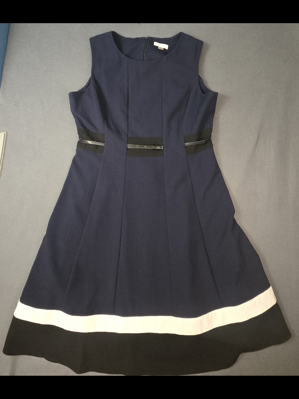 Calvin Klein Women's Fit & Flare Color Block Dress Size 14 Navy Black White Belt